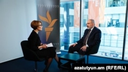 Armenian Prime Minister Nikol Pashinian gives an interview to RFE/RL Armenian Service Director Heghine Buniatyan at RFE/RL’s headquarters in Prague, Czech Republic. May 5, 2023.