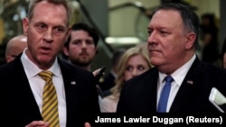 U.S. Acting Defense Secretary Patrick Shanahan (left) and U.S. Secretary of State Mike Pompeo in Washington on May 21.