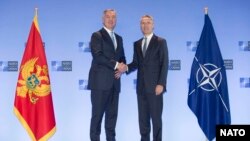NATO Secretary-General Jens Stoltenberg (right) meets with Montenegrin President Milo Dukanovic in Brussels on June 4.