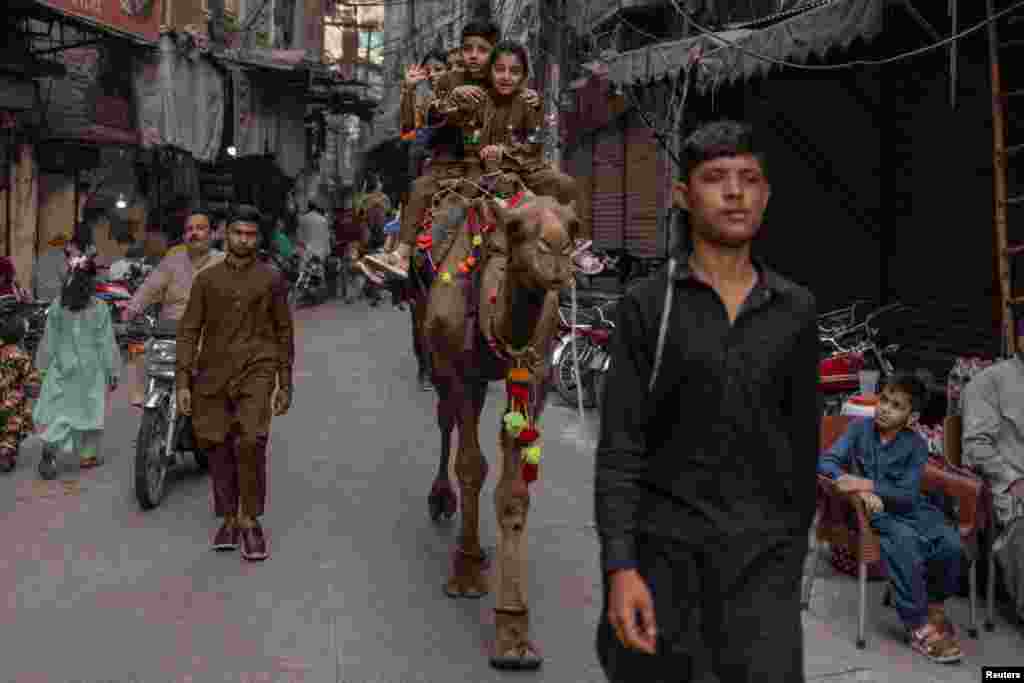 Braća i sestre proslavljaju Kurban-bajram jašući kamile kroz užurbane ulice Lahorea u Pakistanu, 7. juna 2025.